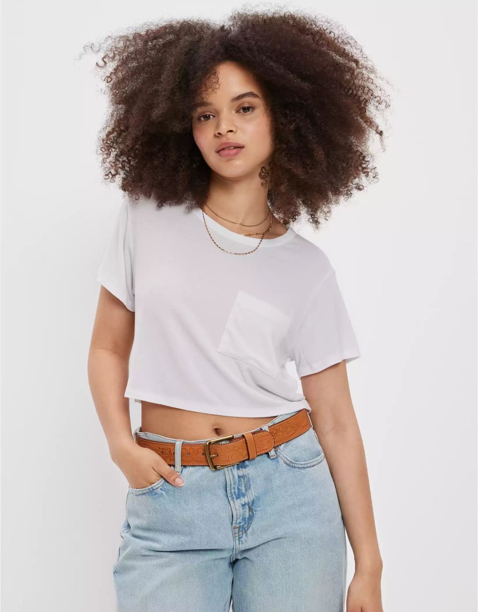 T Shirts American Eagle AE Cropped Soft & Sexy Pocket Tee Blanche Femme | WND-09096536